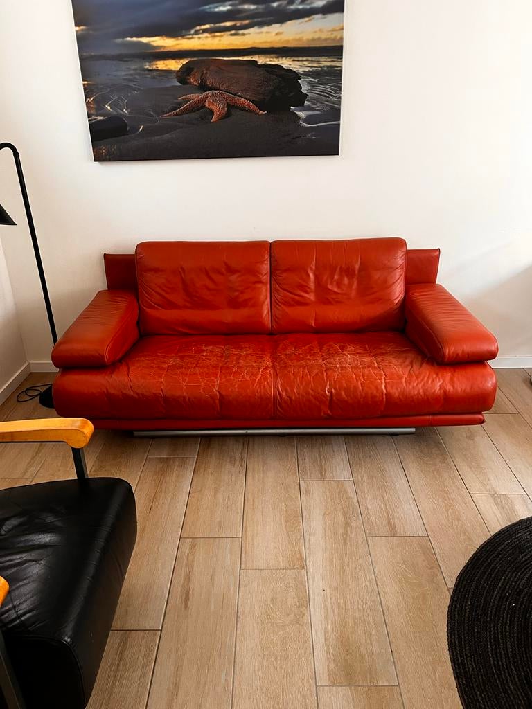 Rolf Benz Cognac Kleur Leren Bank, Huis en Inrichting, Banken | Bankstellen, Ophalen, Gebruikt, Driepersoons, Rechte bank