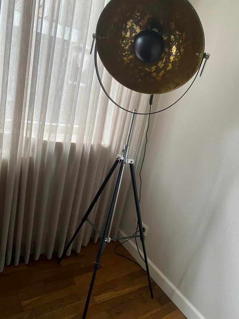 Stijlvolle industriële tripod vloerlamp  – zwart/goud, Ophalen of Verzenden, Zo goed als nieuw, 150 tot 200 cm