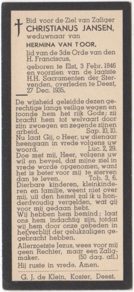Christianus Jansen 1846 Elst + 1935 Deest, 89 jaar oud, Ophalen of Verzenden