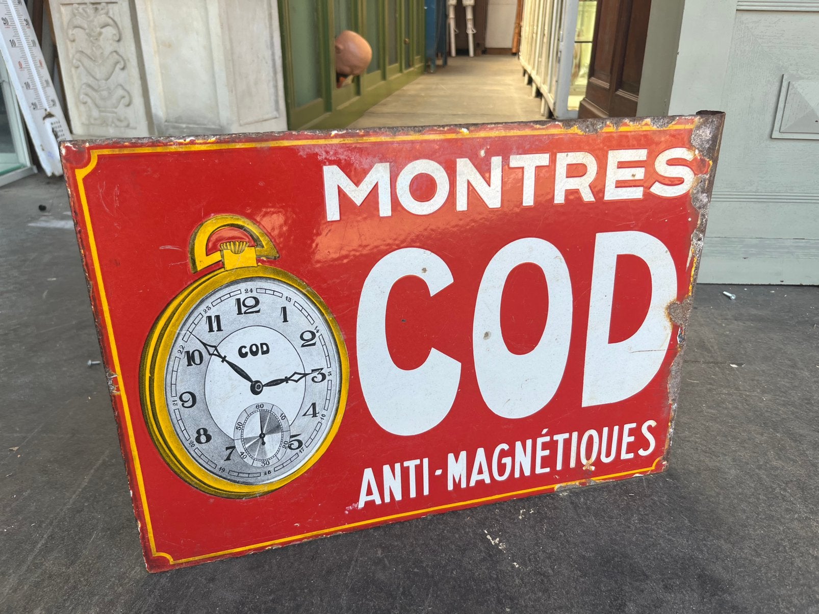 Montres Cod emaille reclamebord gevelbord / horloge, Reclamebord, Gebruikt, Ophalen of Verzenden, X
