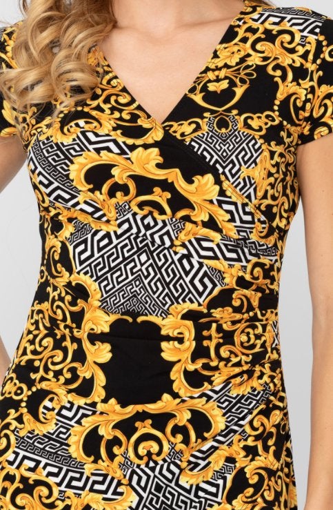 Joseph Ribkoff elegant zwart/gele stretch jurk mt 44, Kleding | Dames, Jurken, Overige kleuren, Verzenden, ., Maat 42/44 (L)
