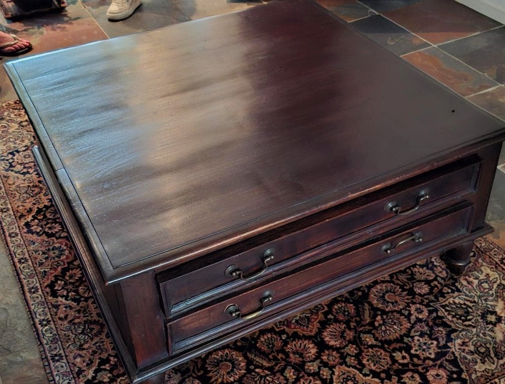 notenhouten salontafel als nieuw met lades, Huis en Inrichting, Tafels | Salontafels, Ophalen, 100 tot 150 cm, Vierkant, 50 tot 100 cm