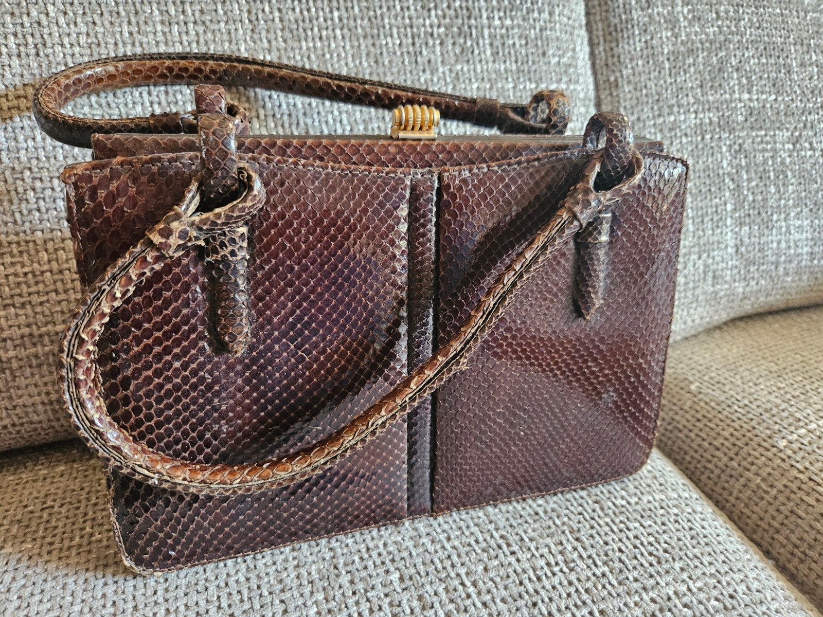 Slangenleren Handtas - Bruin vintage, Ophalen of Verzenden, Gebruikt, Bruin, Handtas