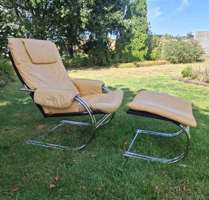 Vintage Design Fauteuil met Ottoman - Jan-Eric Bengtsson, Ophalen, Zo goed als nieuw, Leer