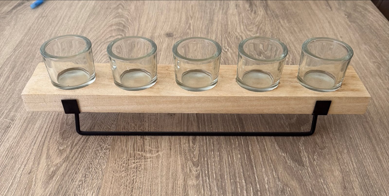 Houten waxinelichthouder met 5 glazen houders, Huis en Inrichting, Woonaccessoires | Kandelaars en Kaarsen, Ophalen, Bruin, Waxinelichthouder