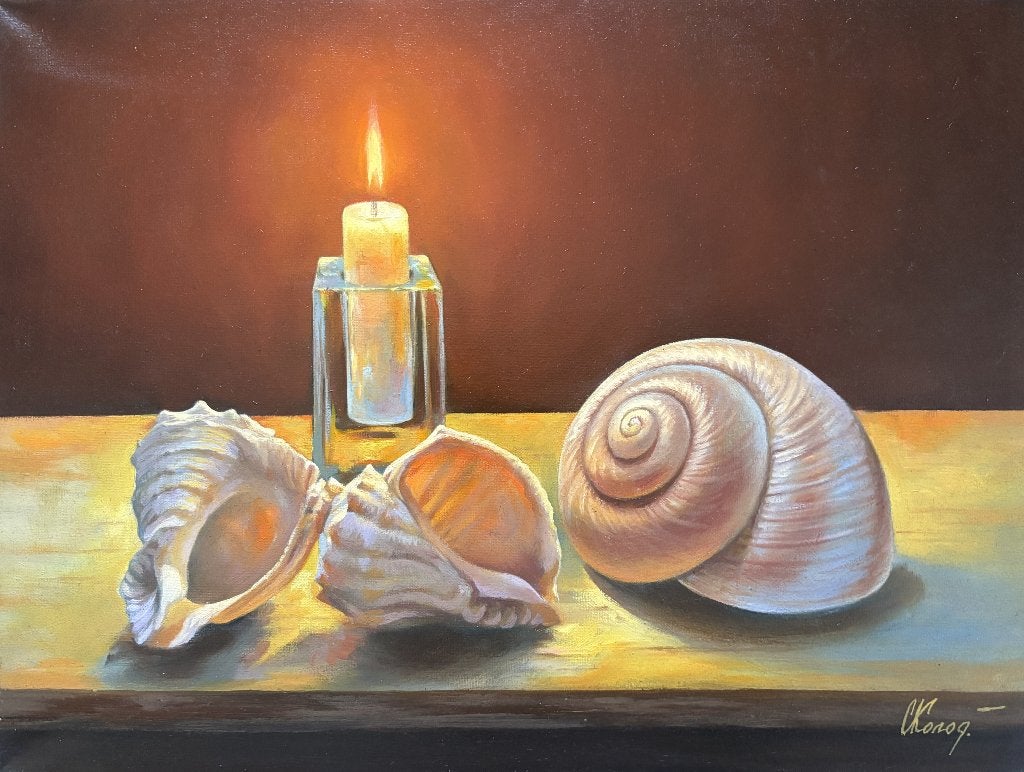 Sergey Kolodyazhniy - Schelpen bij kaarslicht, Antiek en Kunst, Kunst | Schilderijen | Klassiek, Doek, Realistisch, Stilleven