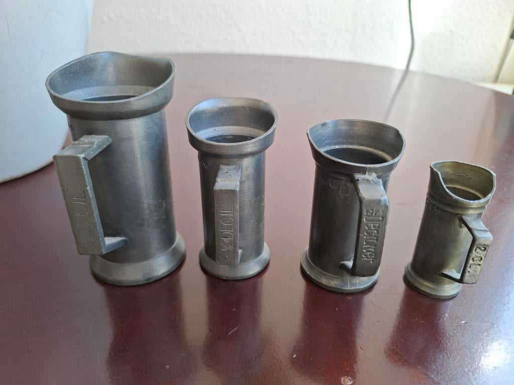 4 antieke tinnen maatbekers – Geijkt, Antiek en Kunst, Antiek | Tin, Ophalen