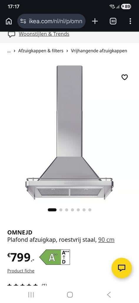 IKEA OMNEJD Plafond afzuigkap, roestvrij staal, 90 cm, Ophalen, Gebruikt, Vrijstaand, Eilandschouwkap