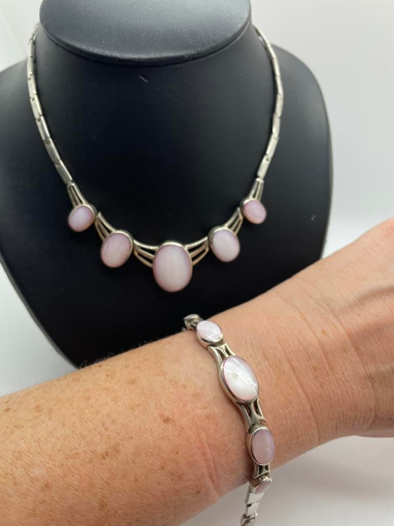 D725 Prachtige zilveren sieradenset roze parelmoer, Sieraden, Tassen en Uiterlijk, Antieke sieraden, Ophalen of Verzenden, Zilver
