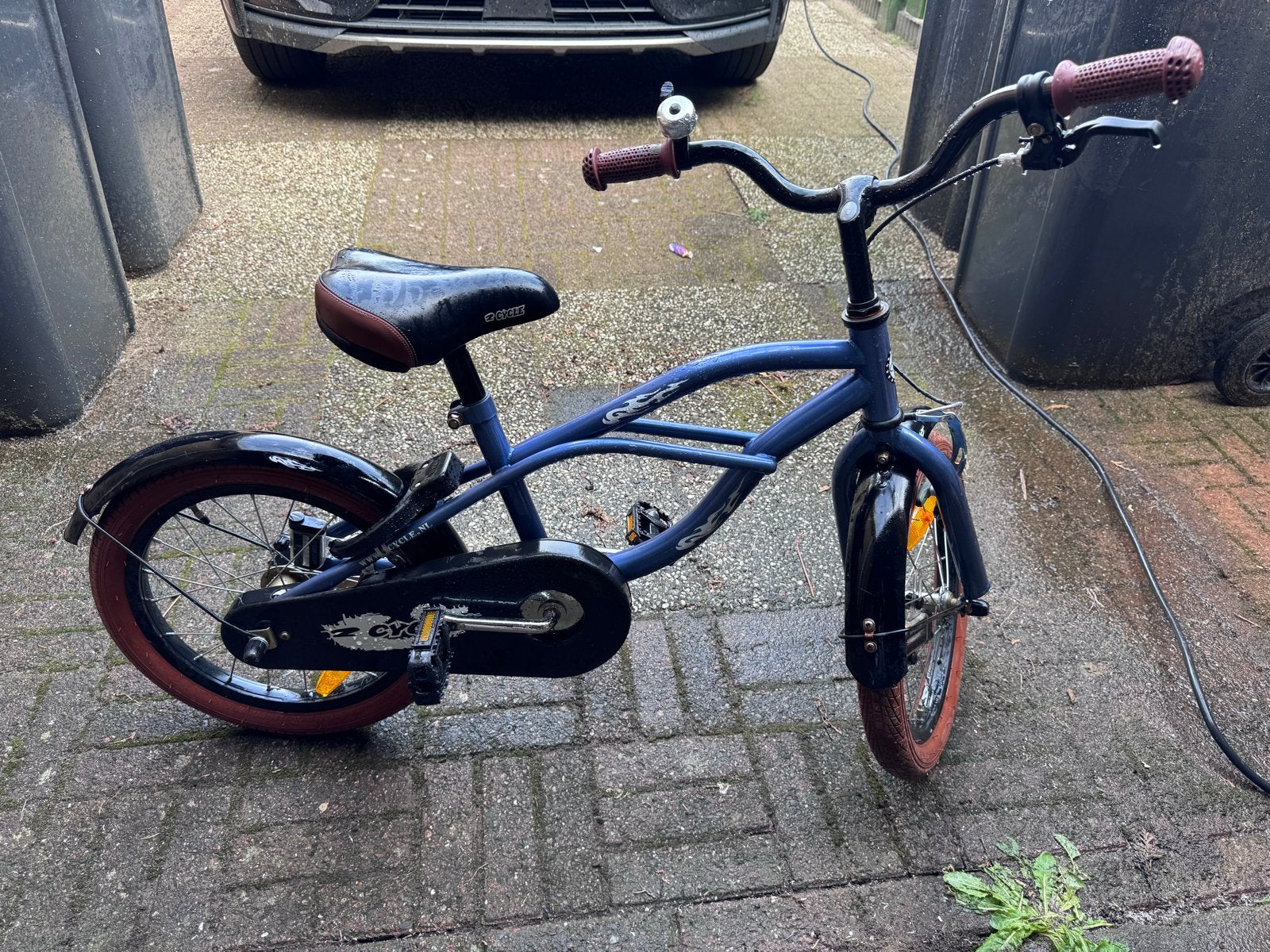 2cycle Kinderfiets 16 inch - Blauw met bruine banden, Ophalen, Gebruikt, Velgrem, 16 tot 20 inch