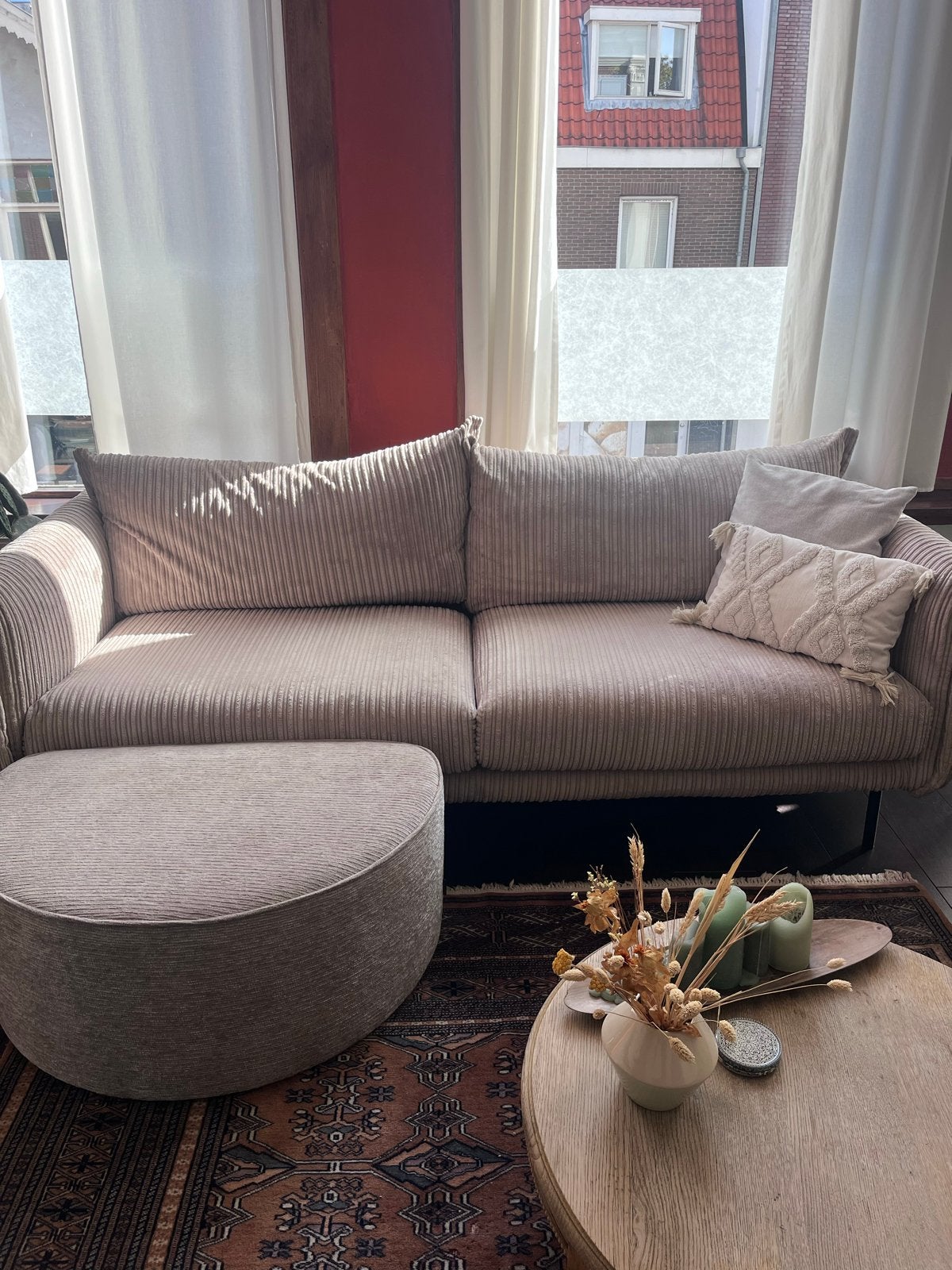 Prachtige ribstof bank met poef, Huis en Inrichting, Ophalen, Driepersoons, 75 tot 100 cm, Zo goed als nieuw