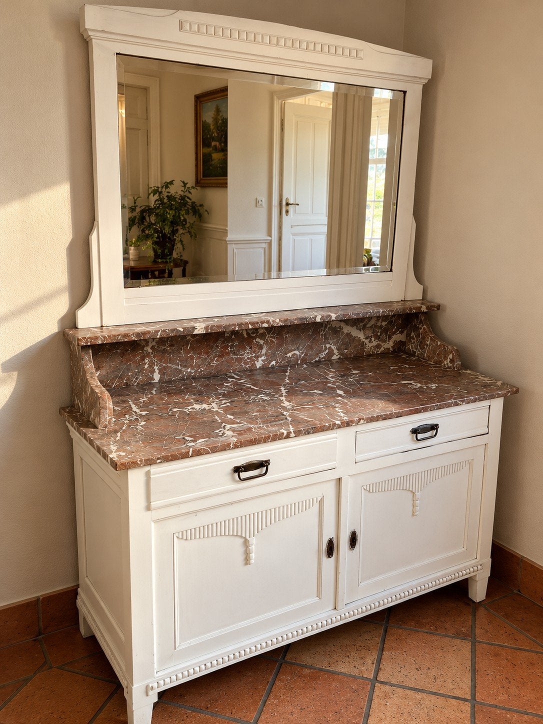Vintage commode met spiegel en marmeren blad– brocante stijl, Ophalen