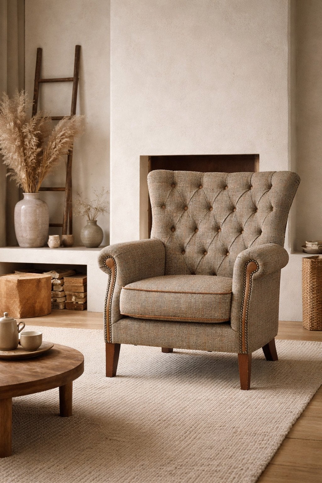 ALBANY HARRIS TWEED STOF FAUTEUIL MET COGNAC LEER, Huis en Inrichting, Ophalen of Verzenden, Nieuw, 75 tot 100 cm, Stof