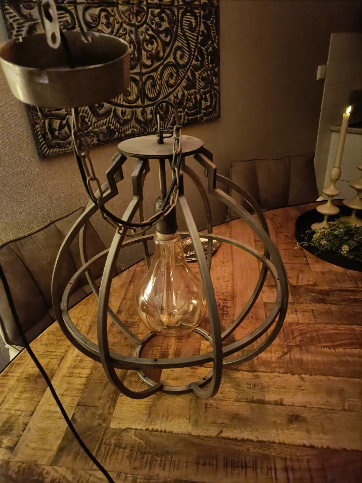 Industriële bronzen hanglampen - set van 2, Huis en Inrichting, Lampen | Hanglampen, Ophalen, E27 (groot), Zo goed als nieuw, Metaal