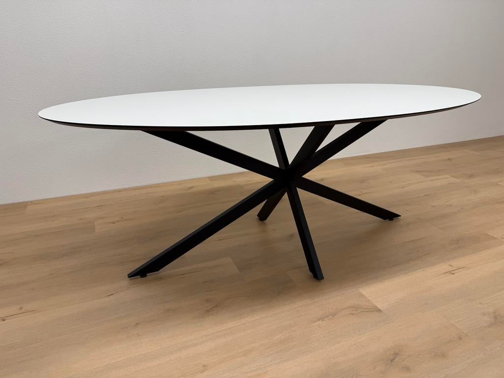 Ovale eettafel HPL Wit 200x100 - Direct Leverbaar, 100 tot 150 cm, 200 cm of meer, Ophalen of Verzenden, Zo goed als nieuw