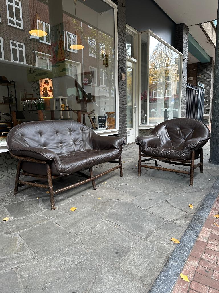 Vintage design, midcentury bankstel, bamboe en leer, Ophalen, Gebruikt, -, -
