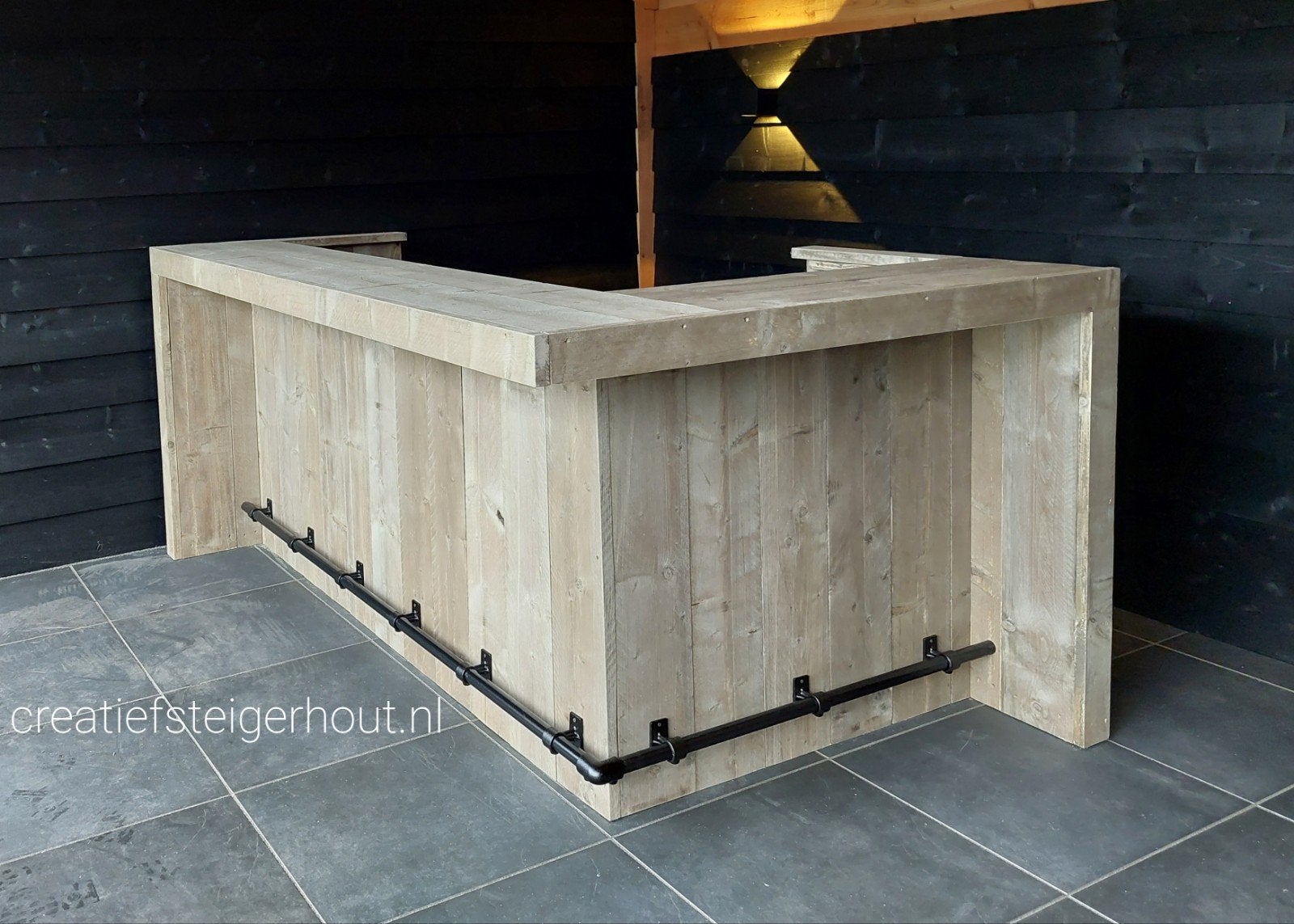 Steigerhouten bar l vorm mancave buizen zwart hout koelkast, Verzenden, Nieuw