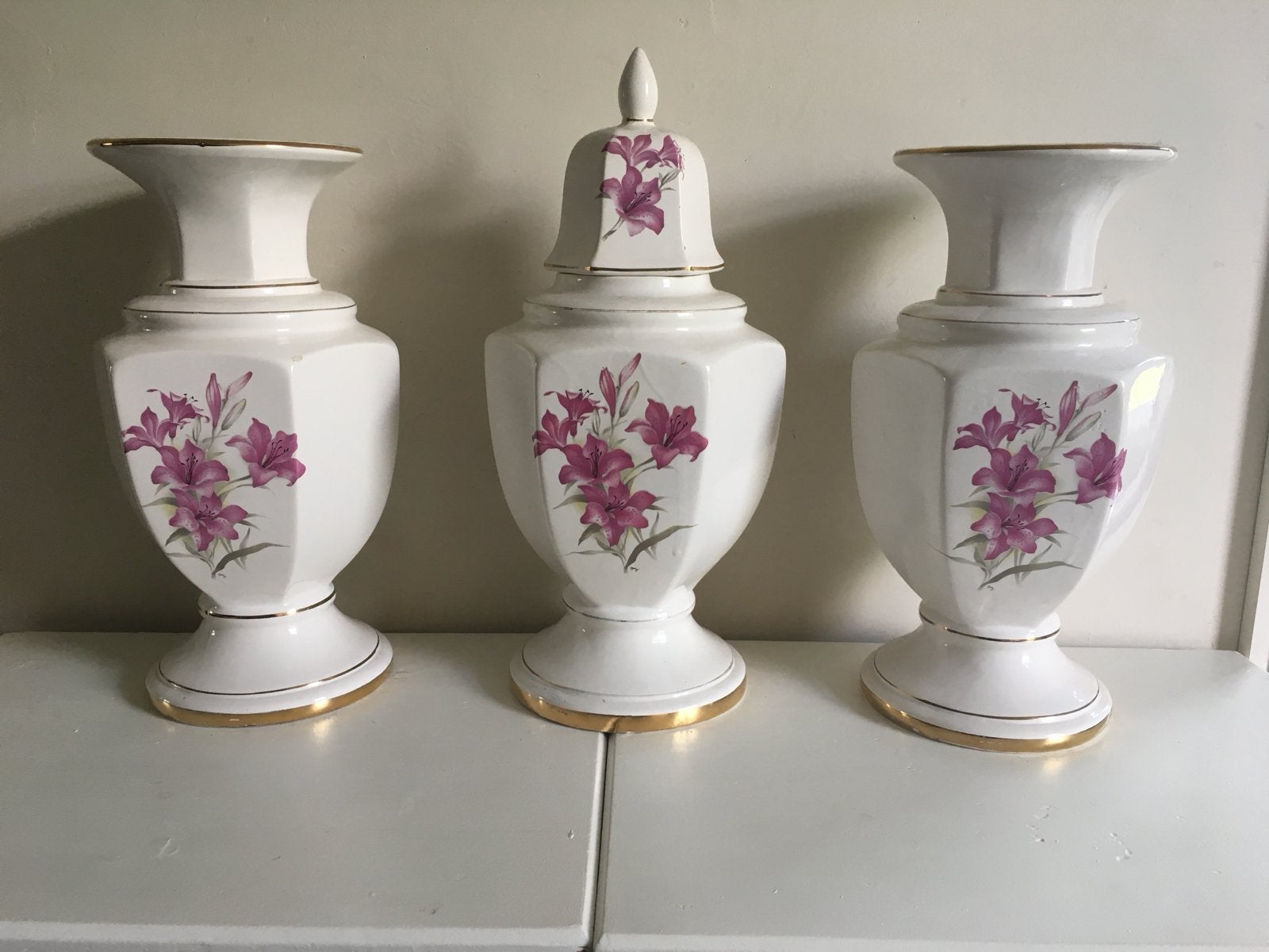 Set van drie vintage vazen met bloemmotief, Antiek en Kunst, Ophalen