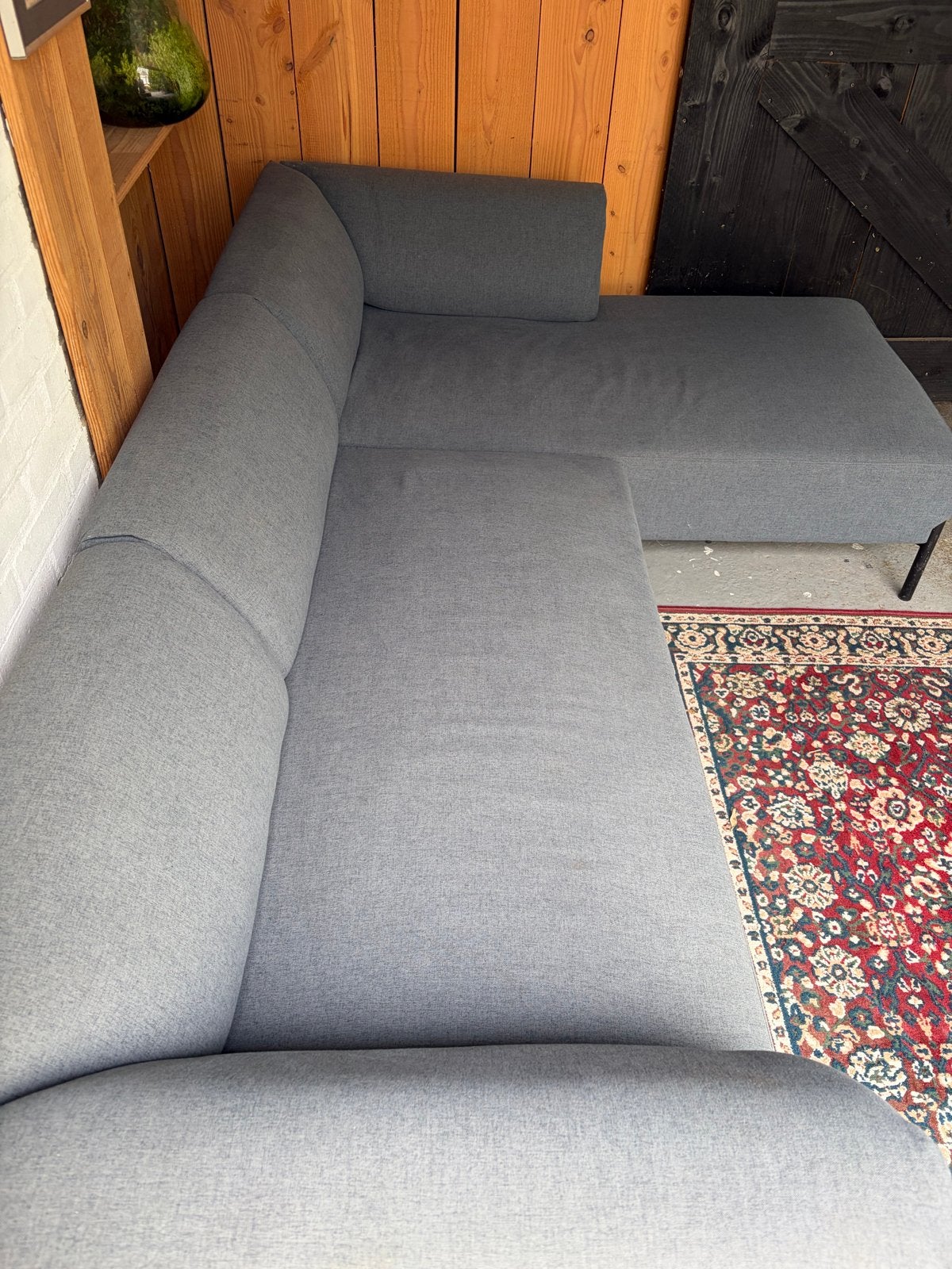 Moderne Hoekbank met Longchair 3-4 persoons- Grijs Stof, Ophalen, 125 tot 150 cm, Hoekbank, Zo goed als nieuw