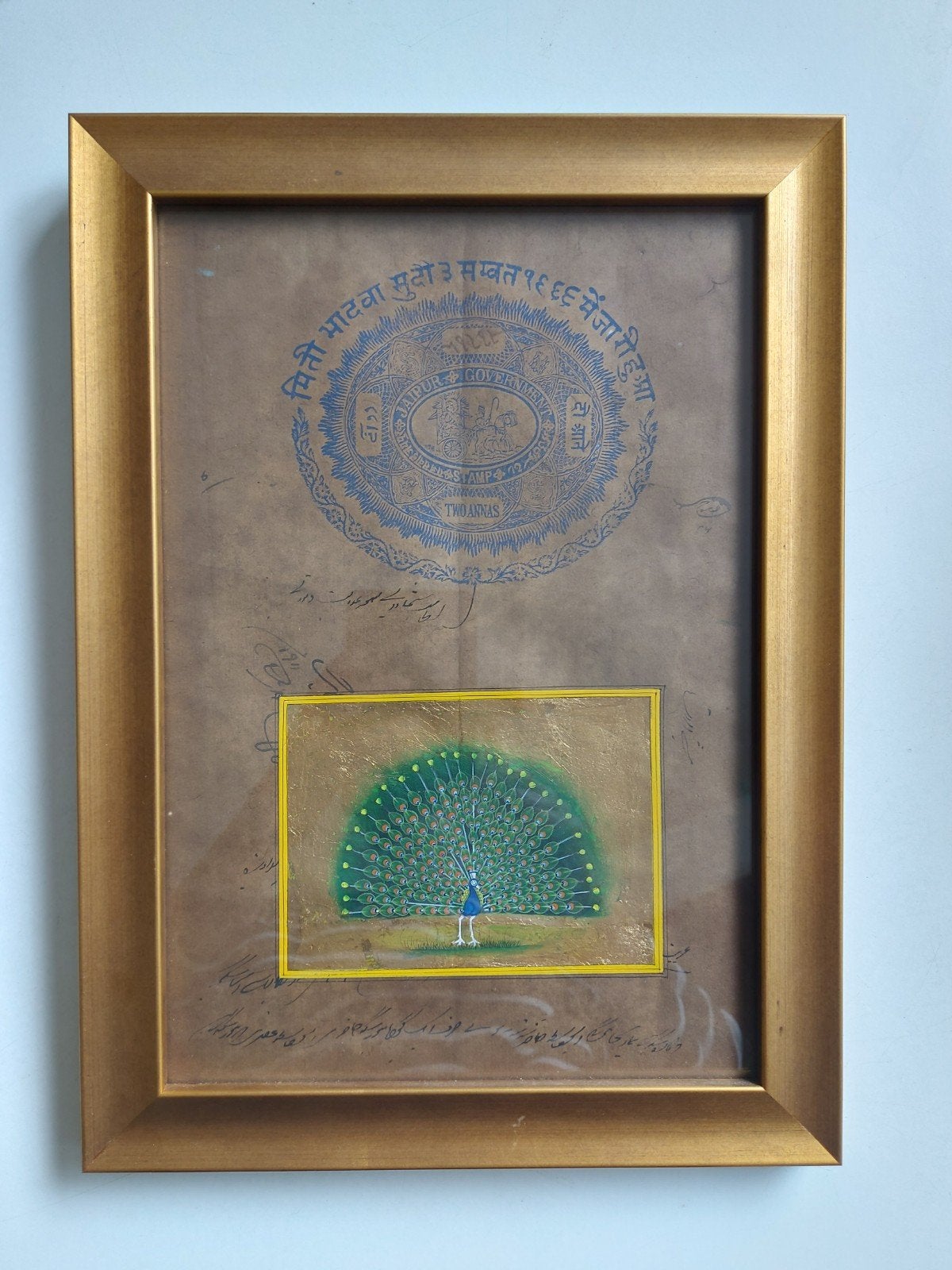 Indiaas miniatuurschilderij pauw op rijstpapier ingelijst, India, Ophalen of Verzenden