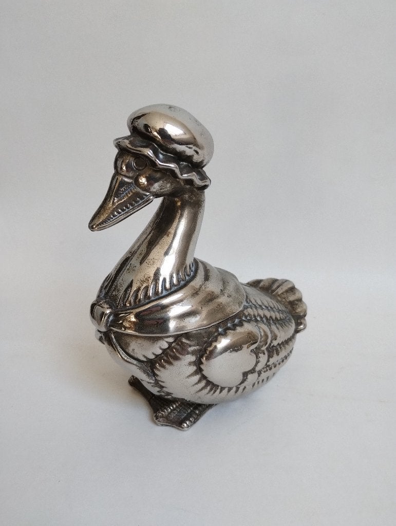 Grote zware verzilverde vintage spaarpot gans, Verzamelen, Ophalen, Zo goed als nieuw, Overige materialen, Dier