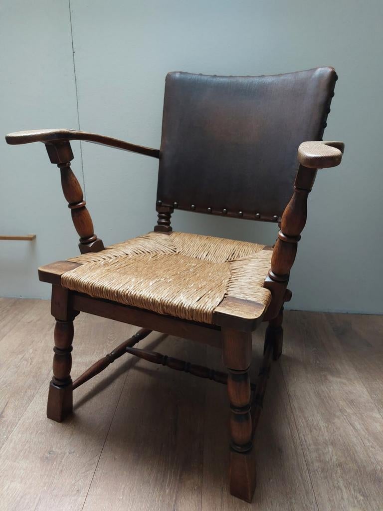 Houten stoel met riet en leer, Huis en Inrichting, Ophalen, Gebruikt, Bruin, Eén