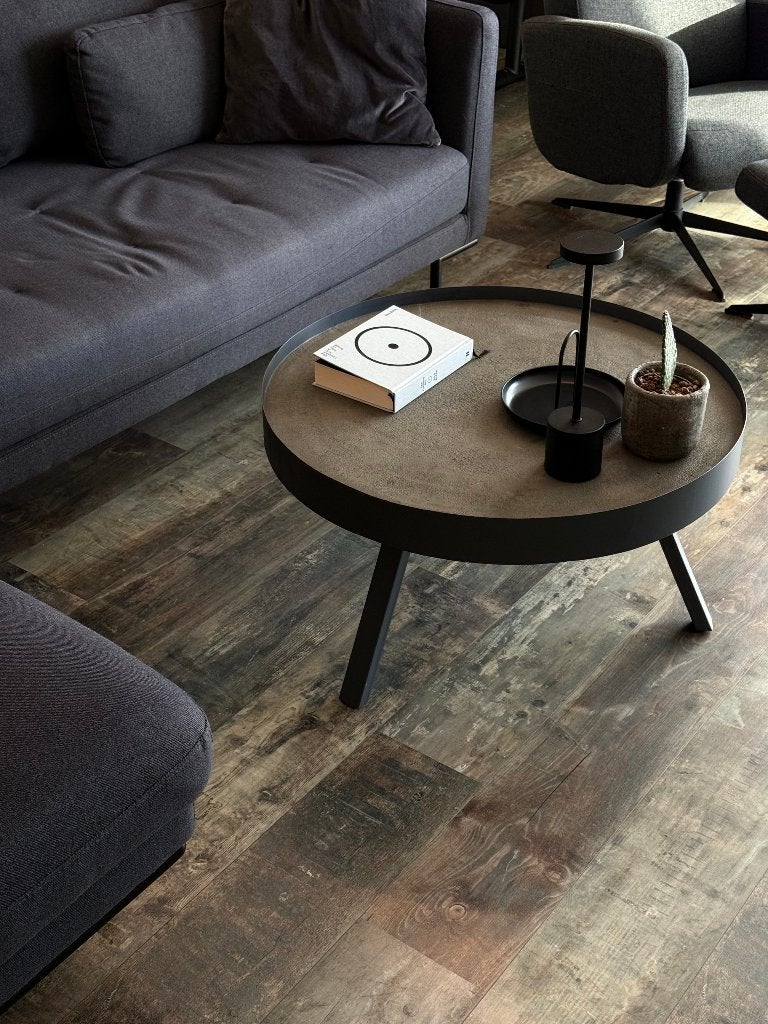 Ronde salontafel met betonlook blad – grijs, Huis en Inrichting, Ophalen, Gebruikt, 50 tot 100 cm, Modern, Industrieel