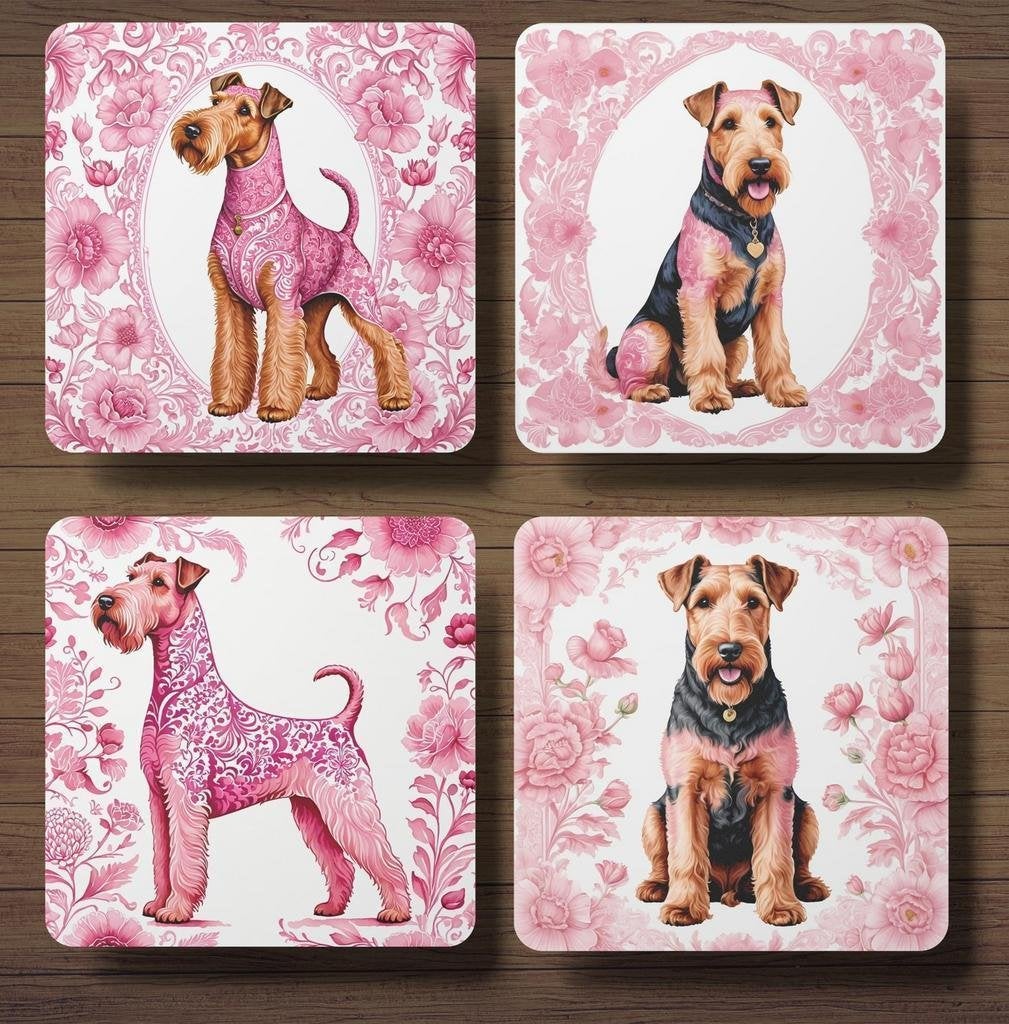 Airedale Terriër Delfts Roze onderzetters met houder, Ophalen of Verzenden, Nieuw
