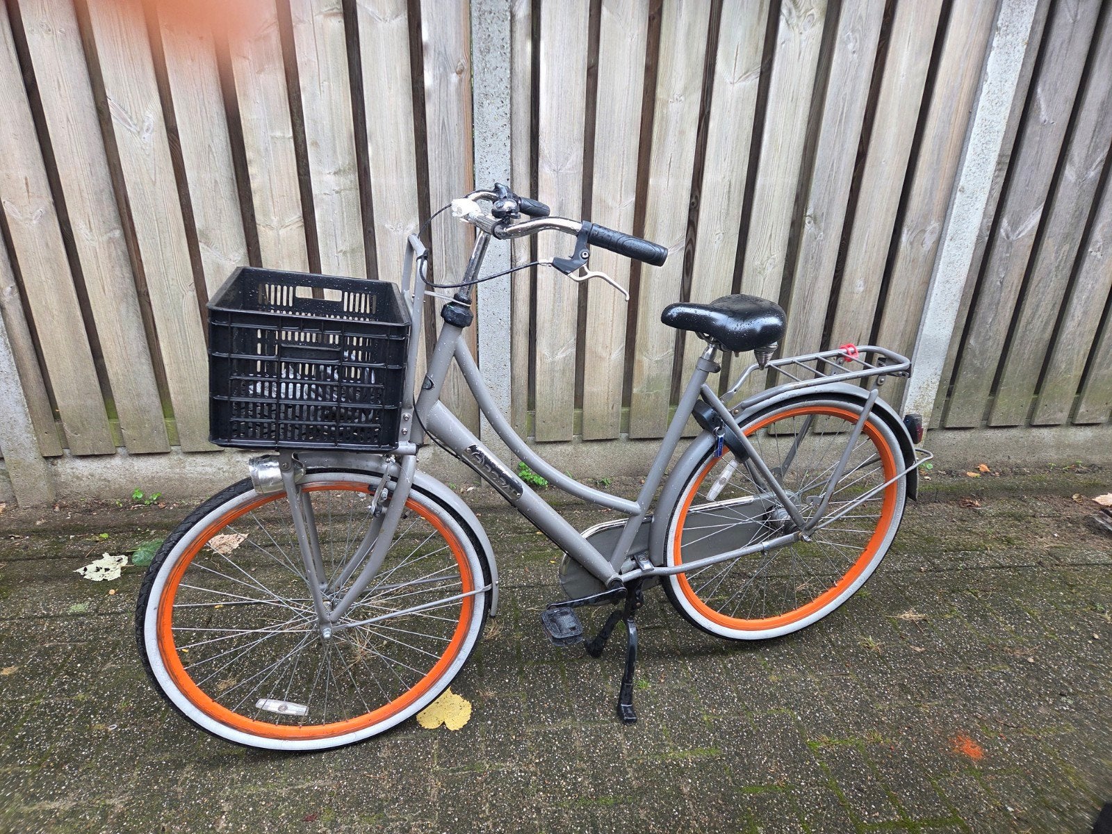 Damesfiets met voordrager en krat - Grijs/Oranje, Velgrem, 50 tot 53 cm, Ophalen, Overige merken