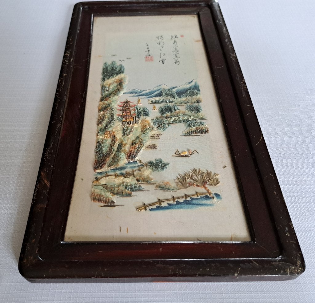 oud gesign chinees schelpen schilderij jaren 30 China, Schilderij, Natuurlijk materiaal, Verzenden, Gemerkt
