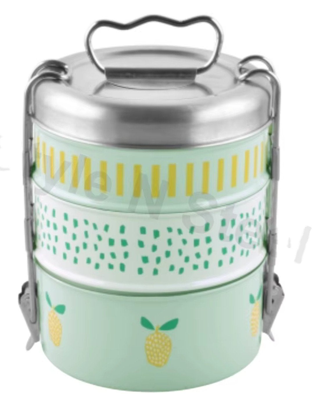 Emaille Tiffin Lunchbox - 3 Lagen - Mintgroen met Ananas, Ophalen of Verzenden