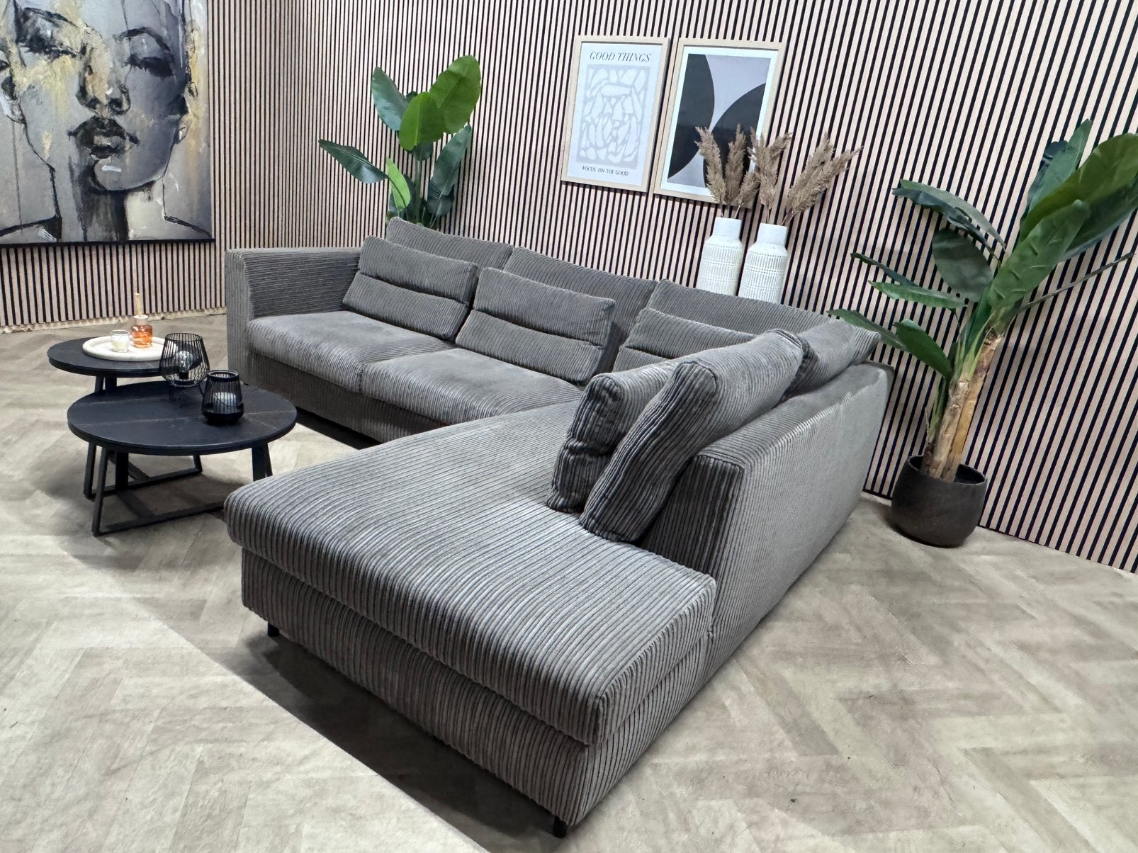 ZGAN Ribstof Hoekbank Loungebank - Grijs - 290 x 225, 250 tot 300 cm, -, Ribbel ribstof hoekbank grijs loungebank tijdloos, -