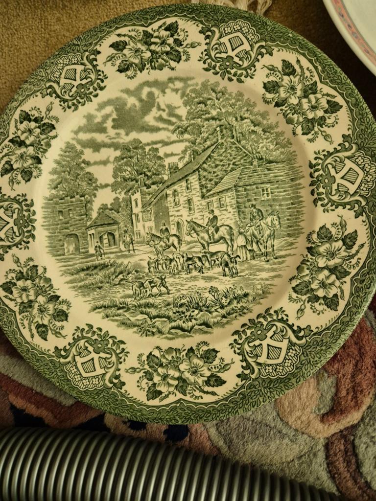 Vintage gebakstel met 6 bordjes - Groen landschap decor, Ophalen