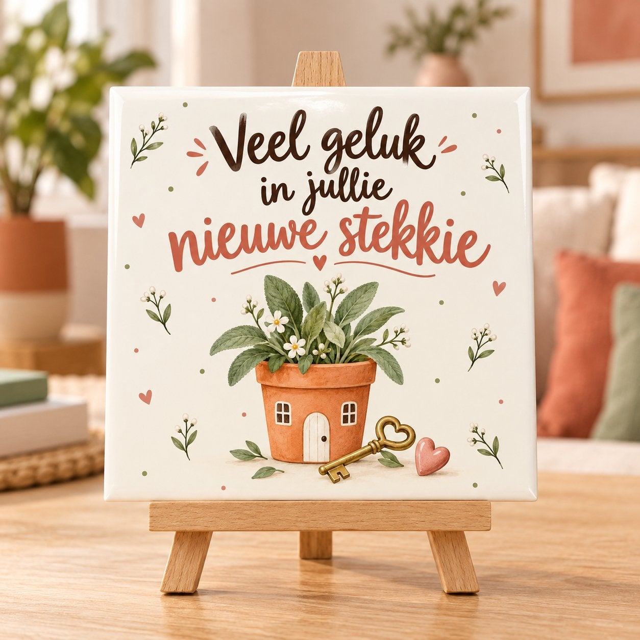 Tegeltje 'Veel geluk in jullie nieuwe stekkie', Inclusief standaard, Verzenden, Nieuw, 11 cm