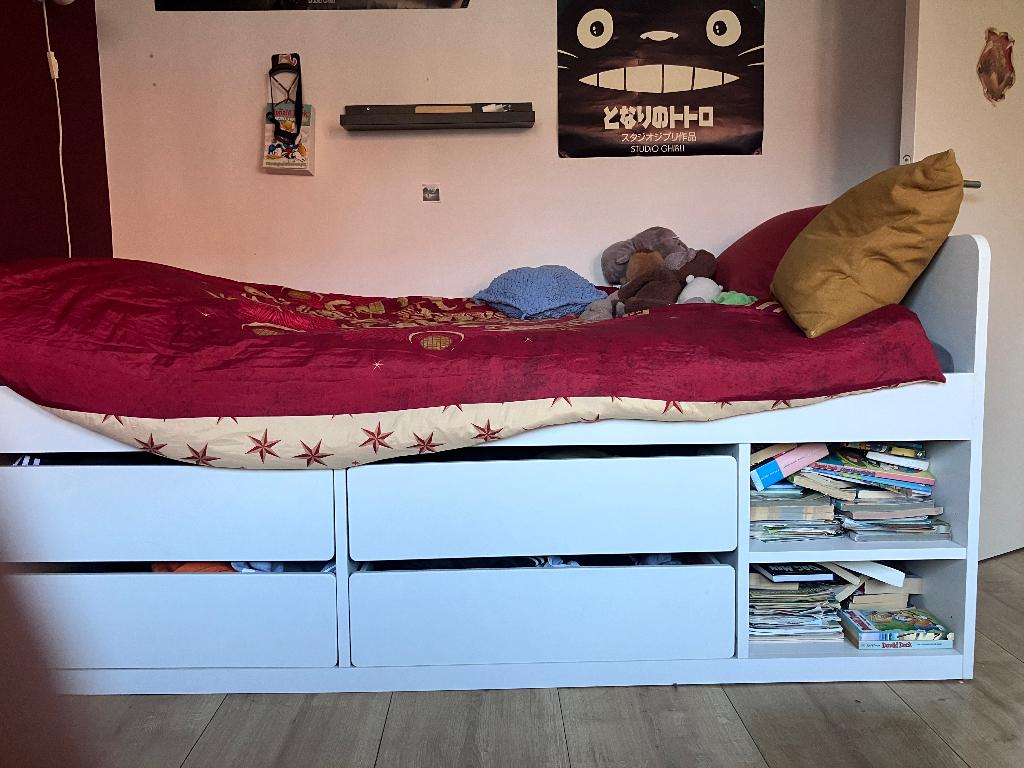 Bed met opbergruimte (SLÄKT), Ophalen, 90 cm, Eenpersoons, Wit