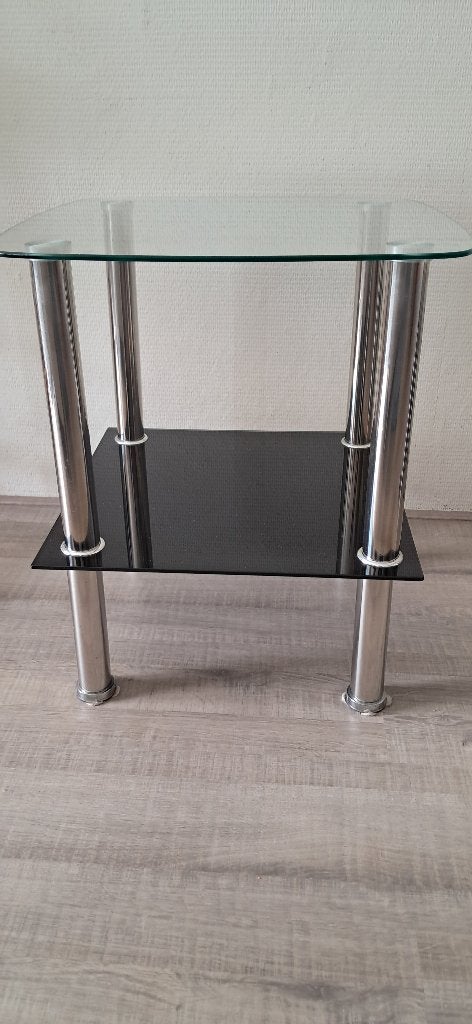 Glazen bijzettafel met metalen poten, Minder dan 55 cm, Gebruikt, Vierkant, Glas