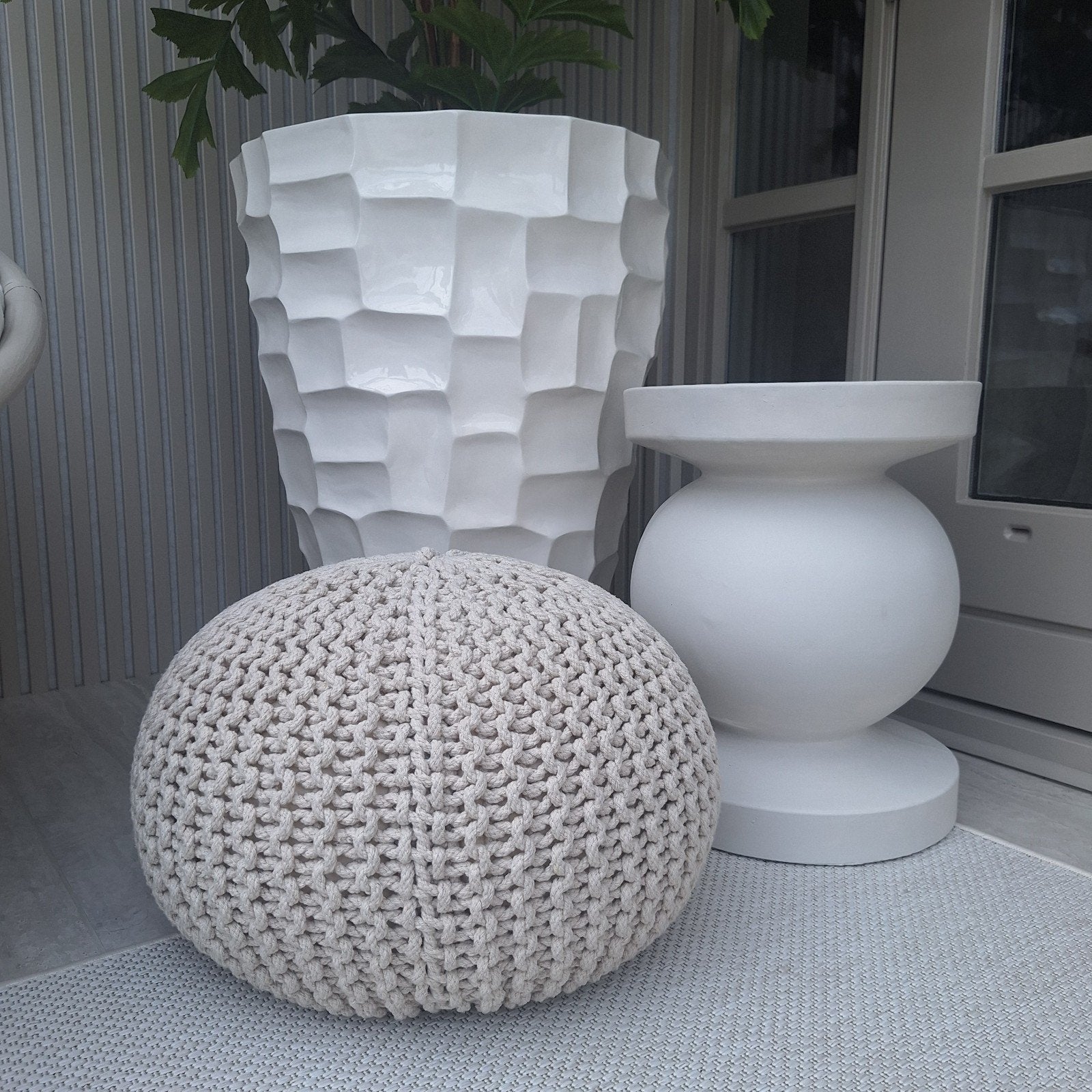 Beige ronde gebreide poef Gebreid japandi, Ophalen of Verzenden, X, 50 tot 75 cm, 50 tot 75 cm