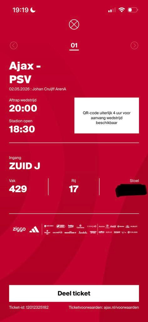 Ajax - Psv 3 tickets naast elkaar vak 429, Tickets en Kaartjes, Twee personen, November