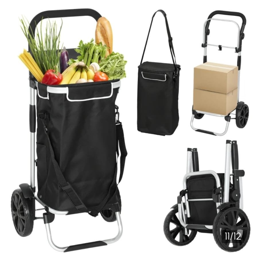HOMCOM 3-in-1 opvouwbare boodschappentrolley, Wieltjes, 20 tot 30 cm, Zwart, Nieuw