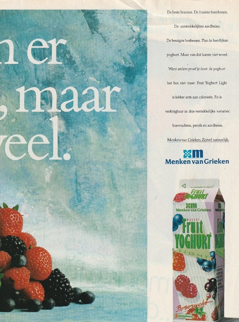 retro reclame 1990 Menken van Grieken zuivel bosfruityoghurt, Verzamelen, Verzenden, Overige typen