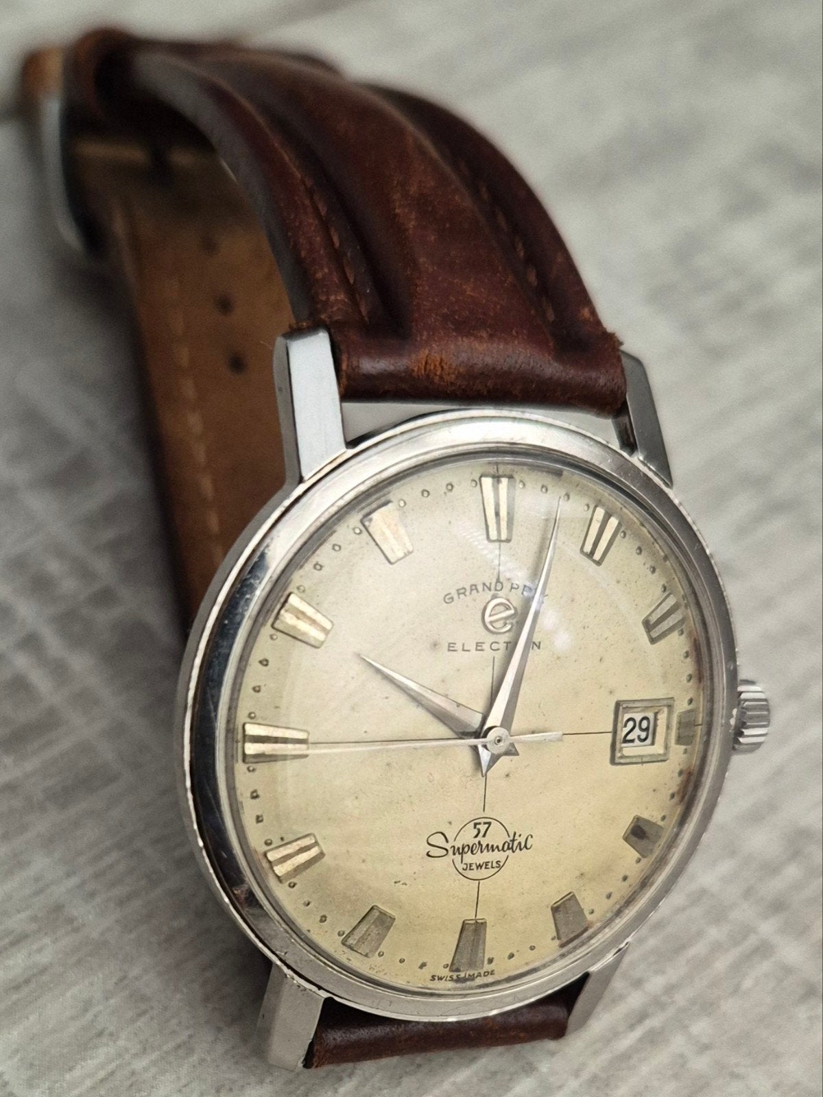 Vintage Election Grand Prix Supermatic 57 jewels, Overige merken, Staal, Met bandje, Verzenden