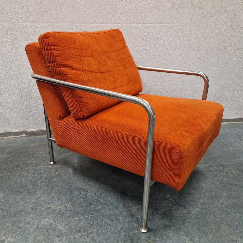 Vintage buizenframe fauteuil oranje rib fauteuil retro stoel, Huis en Inrichting, Fauteuils, Kolibrivintagehal@gmail.com, Gebruikt