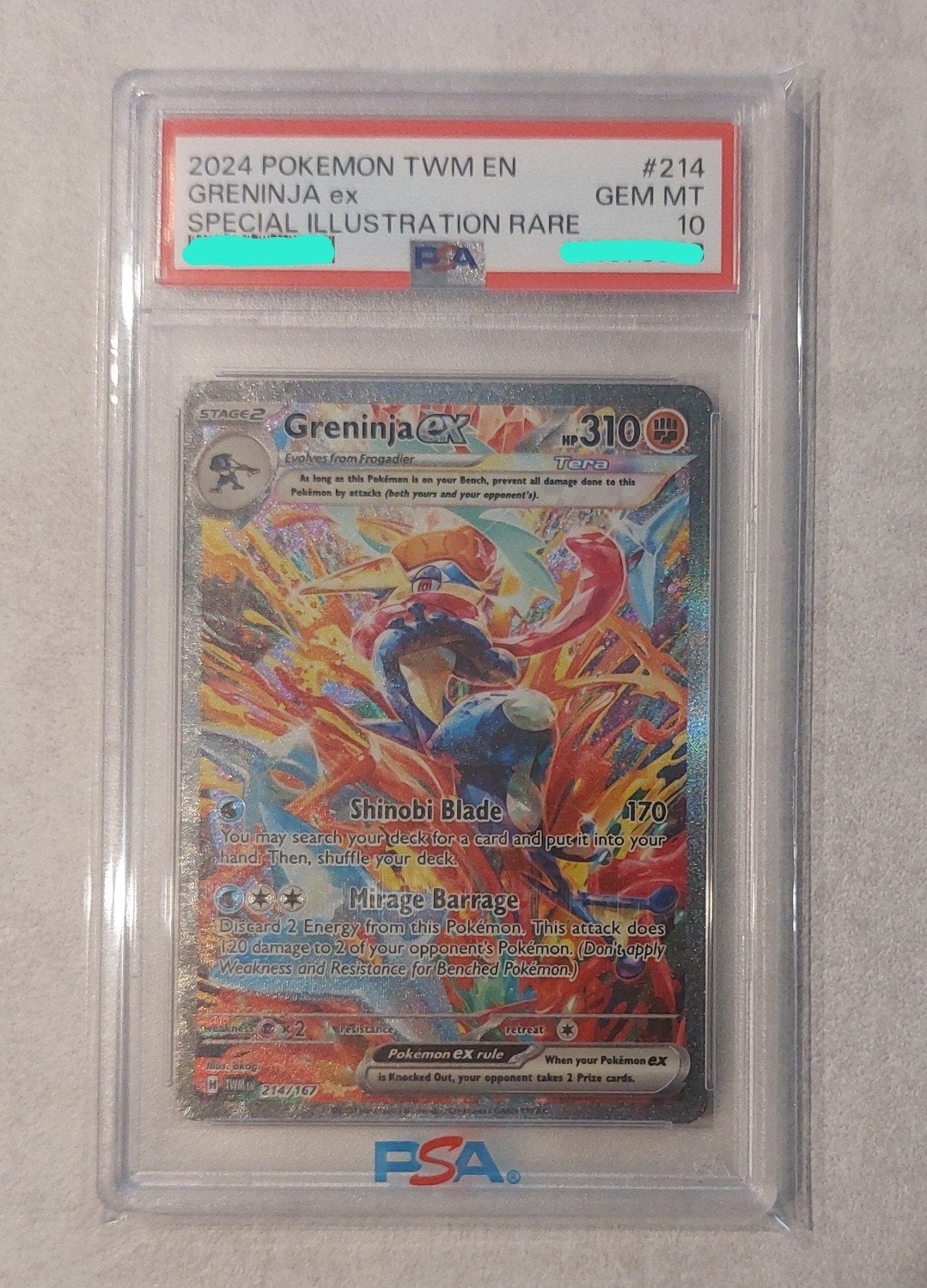 Pokémon - Greninja ex (PSA 10) 214/167 - Twilight Masquerade, Ophalen of Verzenden, Zo goed als nieuw, Losse kaart, Foil