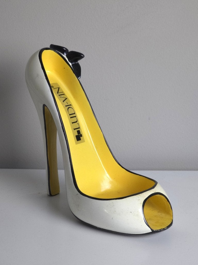 Ludi-Vin High Heel Wijnfleshouder – Zwart Wit Geel 18cm, Kunststof, Gebruikt, -, -