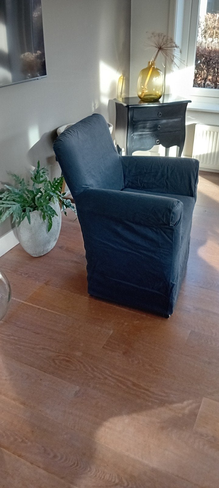 6 Antracietgrijze eetkamerstoelen op wieltjes., Huis en Inrichting, Stoelen, Ophalen, Gebruikt, Stoere landelijke stijl, Vijf, Zes of meer stoelen