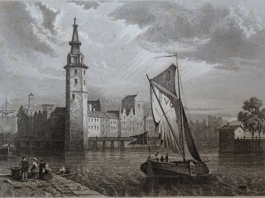 Staalgravure Amsterdam met schip Ch. Jouanny, Gibert 1850, Ophalen of Verzenden, Origineel
