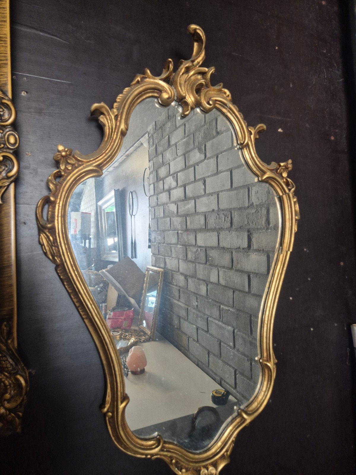Vintage Gouden Kuifspiegel - Barok/Rococo Stijl - 82x50 cm, Ophalen, Ovaal, 50 tot 100 cm, Minder dan 100 cm