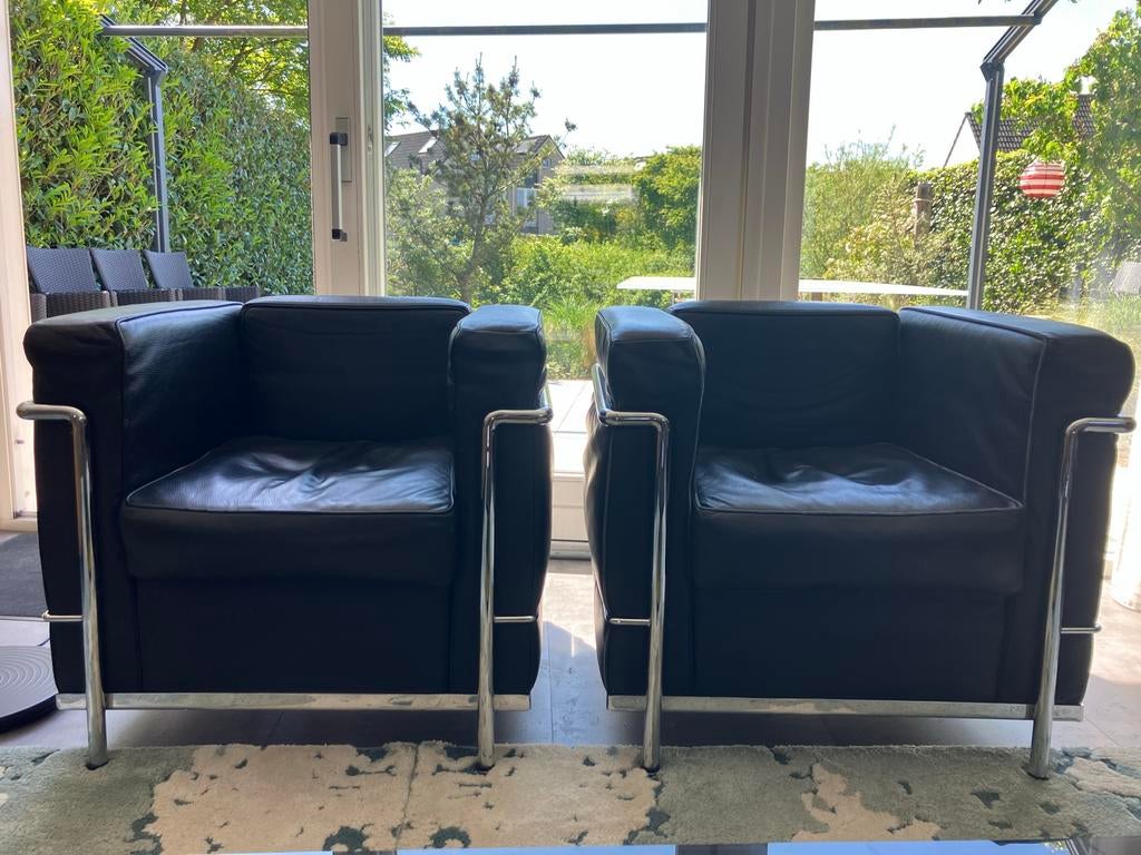 Design fauteuils zwart leer en chroom (set van 2), Ophalen, Gebruikt, Minder dan 75 cm, Leer
