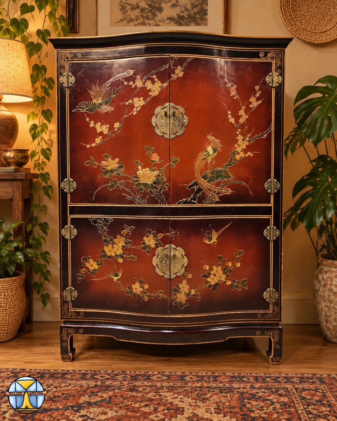 Vintage Chinese rood, goude kast bloemen en vogels (lakkast), Ophalen of Verzenden