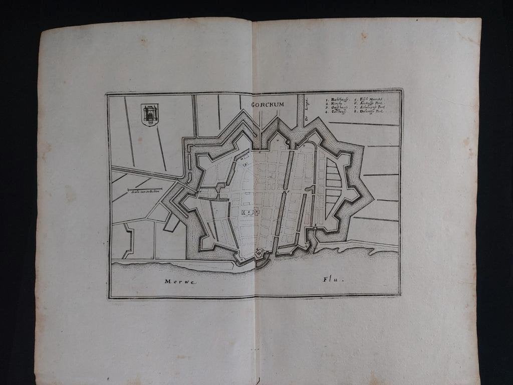 7 / Gorckum - Gorinchem Gravure uit 1659 van C. Merian, Antiek en Kunst, Kunst | Etsen en Gravures, Ophalen of Verzenden